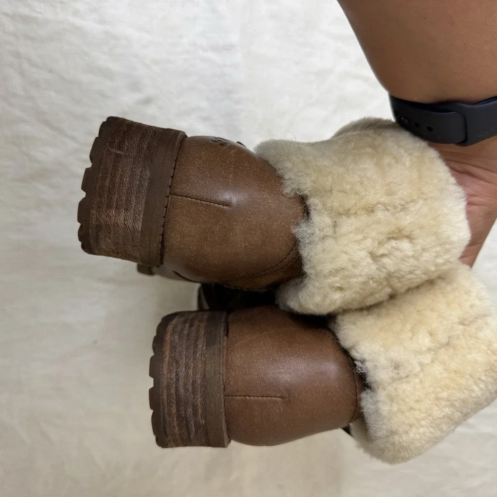UGG Boots Chyler Shearling Brown Leather Ankle Bootie Womens 8.5 Western 1012524